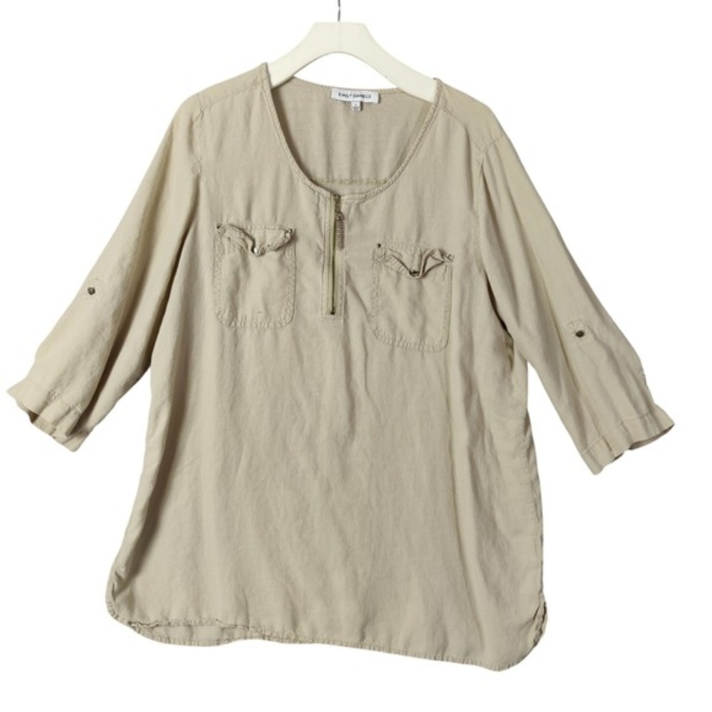 Emily Daniels Women Coastal Safari Earthy Linen Blend Top L Beige Zip Pocket Top